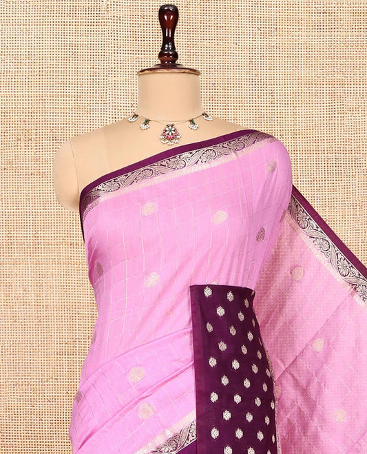 Pink Assam Silk Saree, Embellished with Zari Butta Enclosed Checks, Complemented by a Contrast Zari Butta Woven Border, Zari-Striped Pallu, and a Contrast Blouse