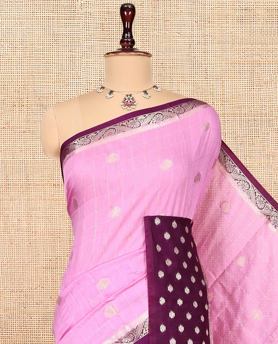 Pink Assam Silk Saree, Embellished with Zari Butta Enclosed Checks, Complemented by a Contrast Zari Butta Woven Border, Zari-Striped Pallu, and a Contrast Blouse