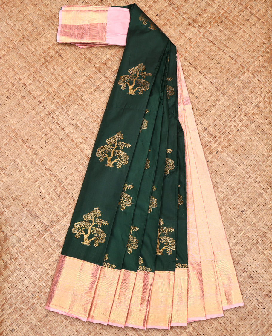 Green Budget Silk Saree, Ornamented with Tree Zari Buttas, Complemented by a Contrast Traditional Border, Grand Pallu, and a Contrast Blouse
