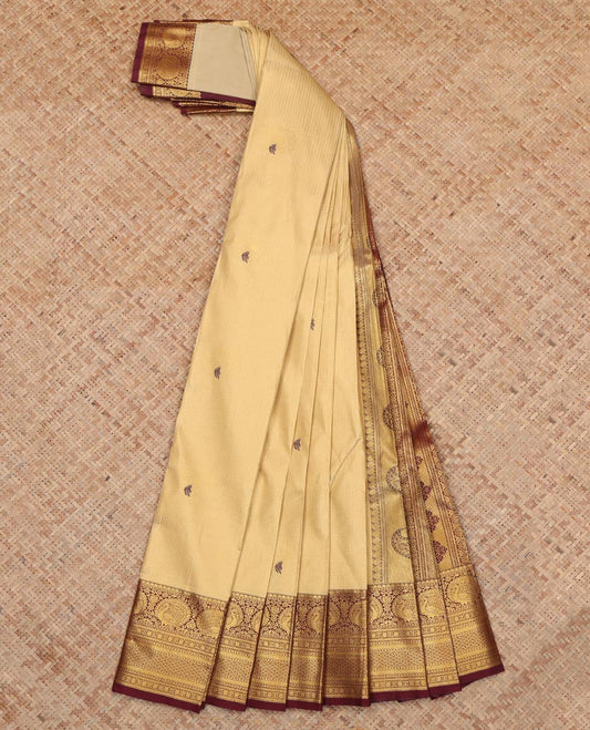 Sandal Budget Silk Saree, Detailed Checks and Buttas, a Contrast Traditional Zari Border, a Grand Pallu and a Contrast Blouse