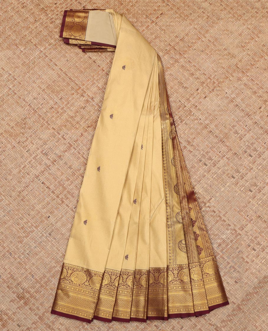 Sandal Budget Silk Saree, Detailed Checks and Buttas, a Contrast Traditional Zari Border, a Grand Pallu and a Contrast Blouse