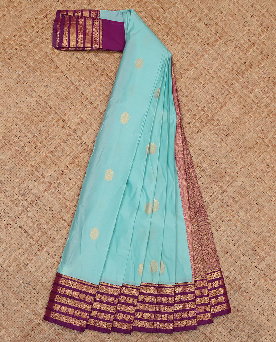 Blue Budget Silk Saree, Adorned with Zari Buttas, Complemented by Contrast Traditional Zari Border, a Jaal Pallu and a Contrast Blouse