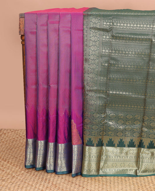 Purple striped gift saree with contrast zari design border & floral jaal design pallu