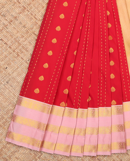 Red Budget Silk Saree, Spotlighted with Zari Buttas and Stripes, a Contrast Traditional Zari Border, Grand Pallu, and a Contrast Blouse