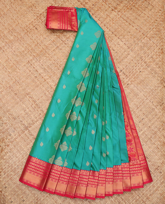 Green Budget Silk Saree, Embellished with Zari Buttas, a Contrast Traditional Zari Border, Intricate Pallu, and a Contrast Blouse
