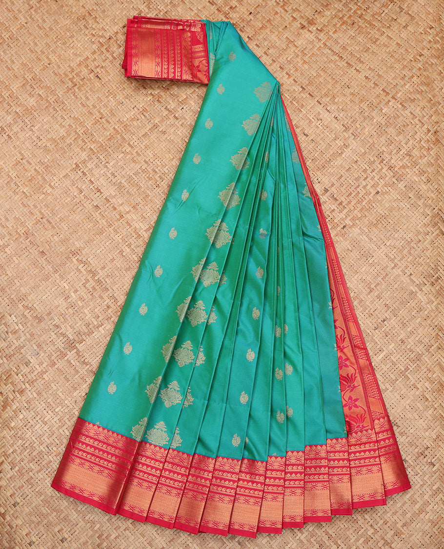 Green Budget Silk Saree, Embellished with Zari Buttas, a Contrast Traditional Zari Border, Intricate Pallu, and a Contrast Blouse