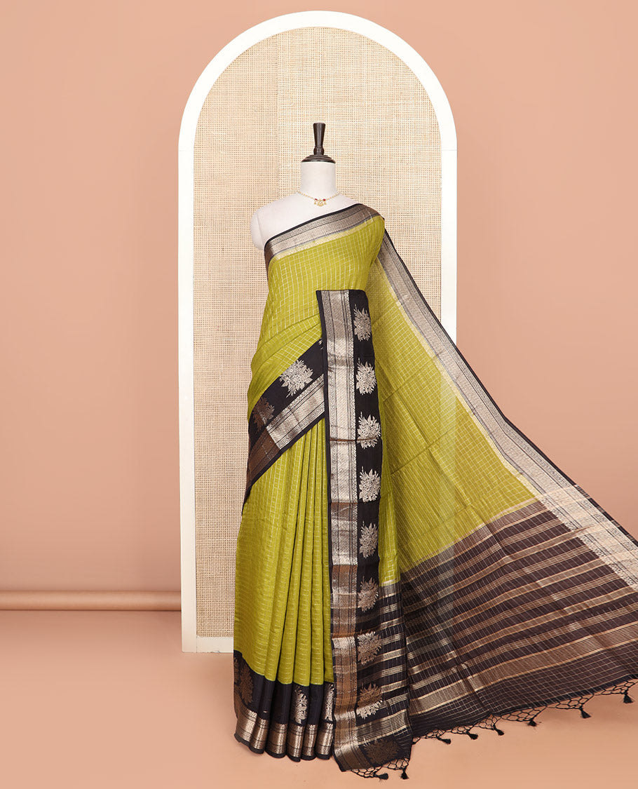 Green zari checked Assam silk saree, contrast traditional zari border of floral designs, and pallu of zari designs