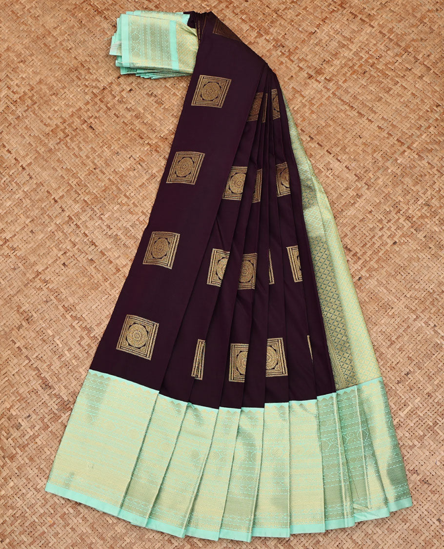 Brown Budget Silk Saree, Prettified with Square-Shaped Zari Buttas All Over Its Body, Complemented by a Contrast Traditional Zari Design Border, Gleaming Jaal Pallu, and Paired with a Contrast Blouse