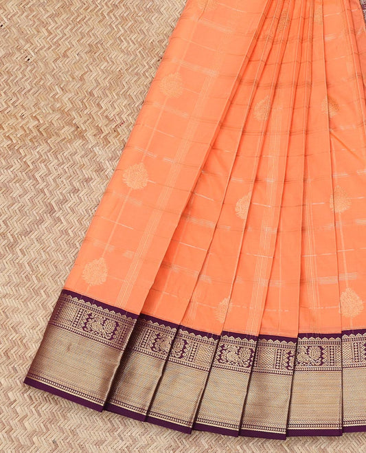 Orange Budget Silk Saree, Adorned with Zari Buttas and Checks, Complemented by Contrast Traditional  Zari Border, a Grand Pallu and a Contrast Blouse