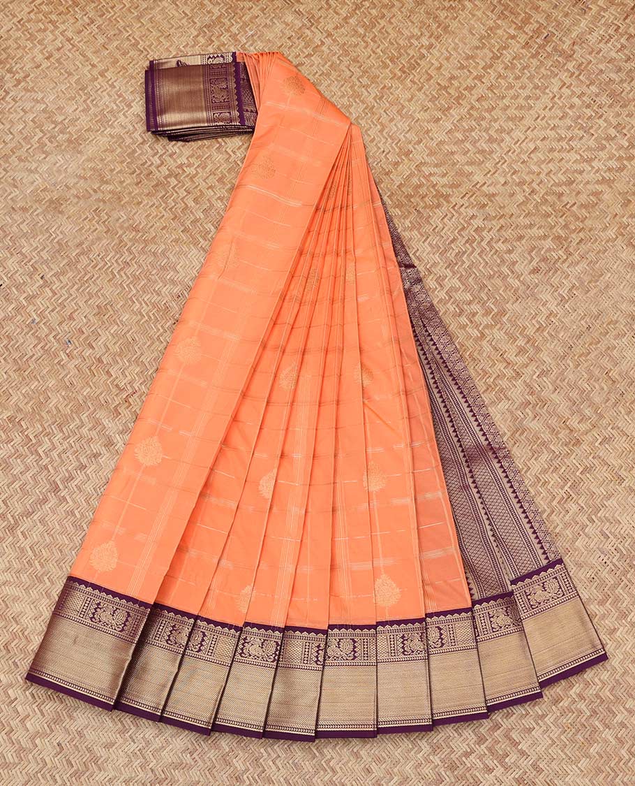 Orange Budget Silk Saree, Adorned with Zari Buttas and Checks, Complemented by Contrast Traditional  Zari Border, a Grand Pallu and a Contrast Blouse