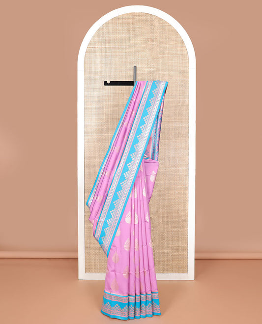 Purple floral design butter silk saree with contrast geometric design border & honeycomb design pallu