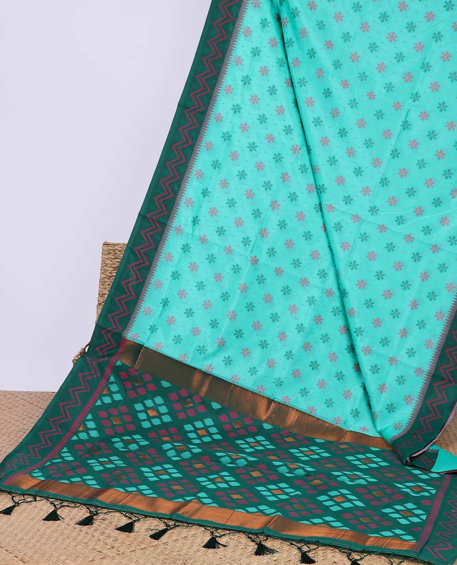 Blue floral motifs butter silk saree with contrast zig zag striped border & geometric motifs pallu