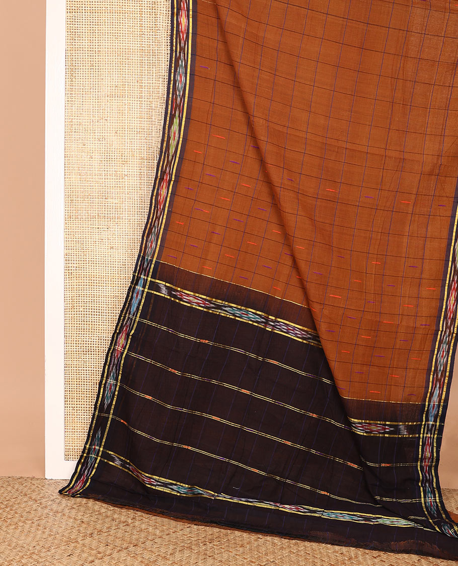 Brown buttas enclosed checked Andhra cotton saree, contrast ikkat border, and pallu of stripes and ikkat design