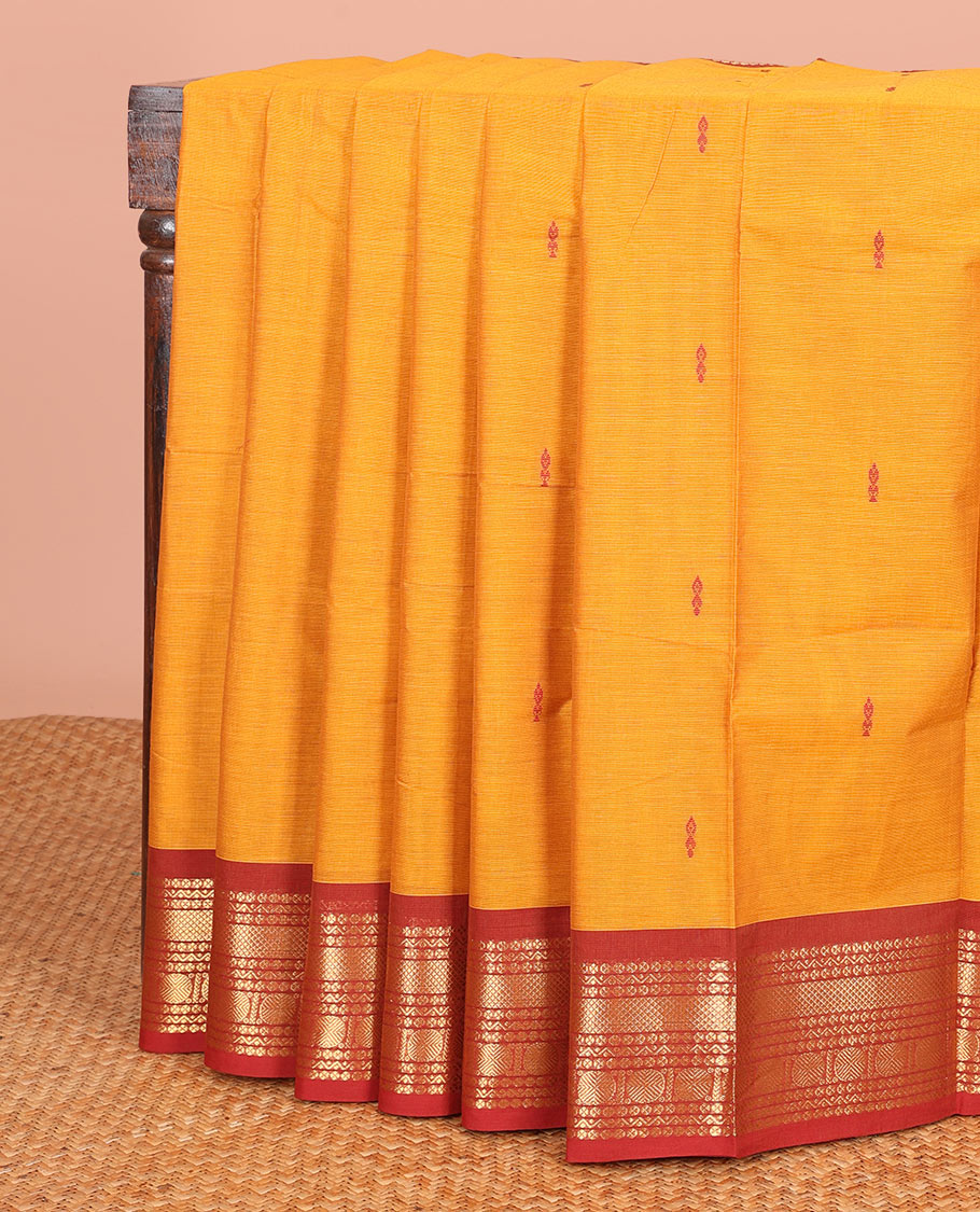 Yellow Chettinad Cotton Saree Beautified with Thread Buttas All Over Its Body, Complemented by a Contrast Traditional Zari Design Border, and a Pallu of Stripes and Buttas