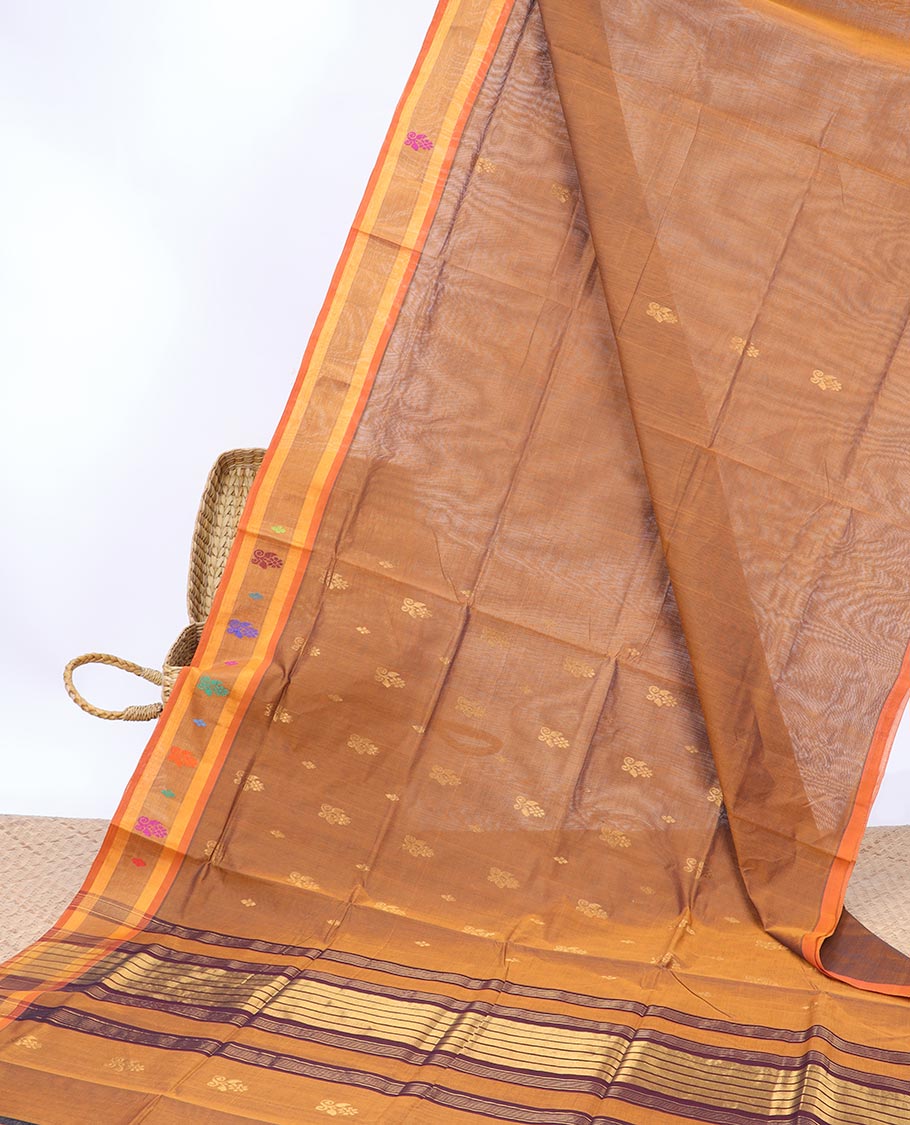 Orange buttas Vengatagiri cotton saree, contrast unique design border & striped pallu