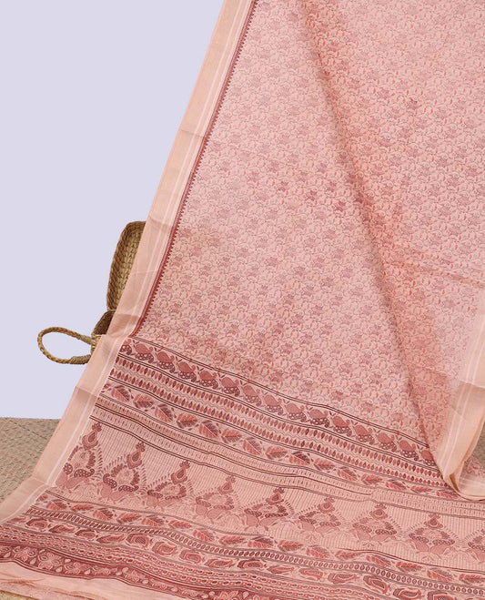 Peach intricately printed budget cotton saree, plain border & intricately printed pallu