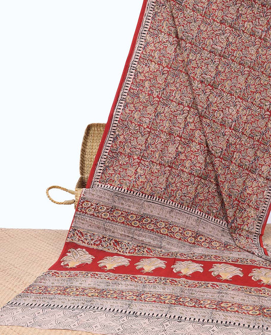 Red floral design machine-printed kalamkari cotton saree with contrast intricate temple design border & floral design pallu