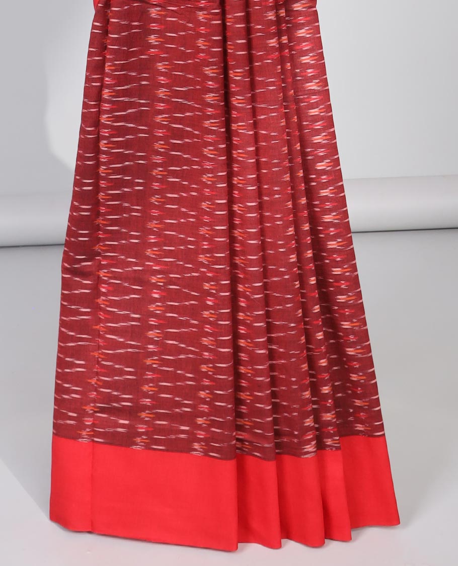 Red geometric design ikkat cotton saree with contrast border & intricate design pallu
