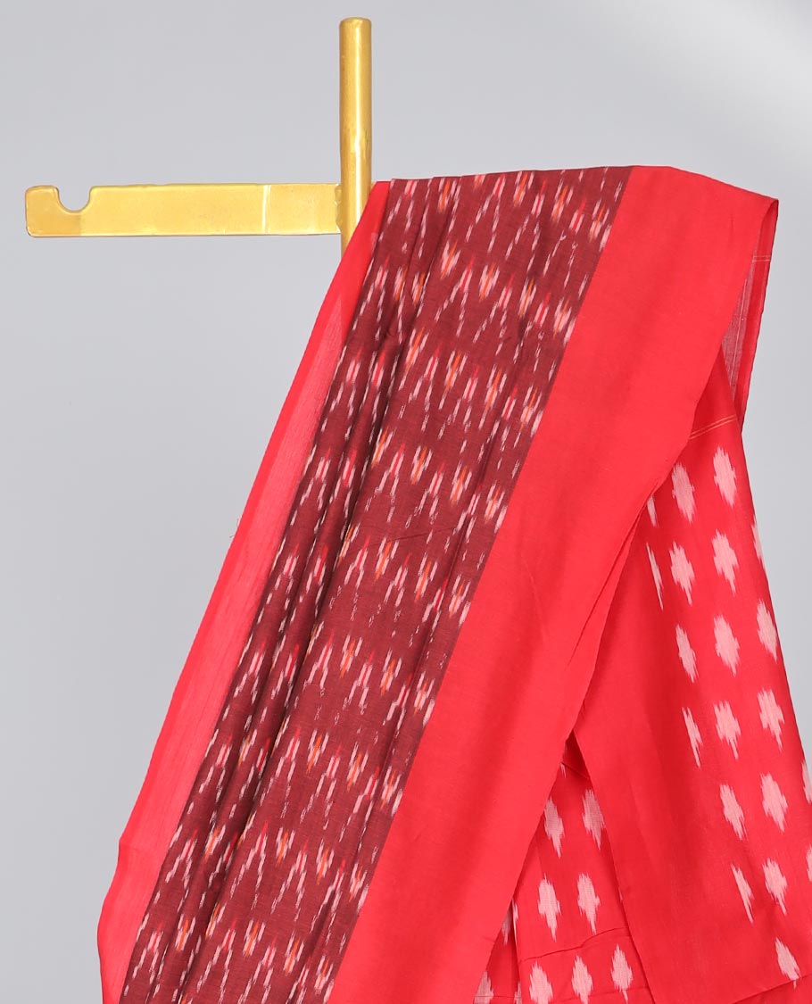 Red geometric design ikkat cotton saree with contrast border & intricate design pallu