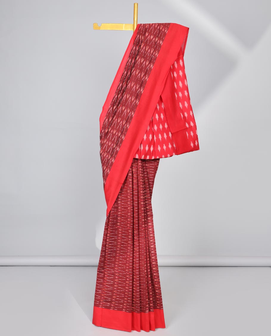 Red geometric design ikkat cotton saree with contrast border & intricate design pallu