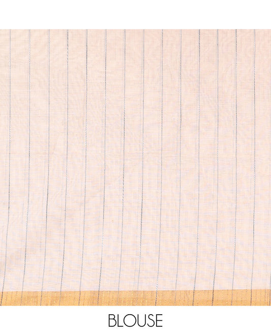 Cream plain jute cotton saree, zari border, and striped pallu