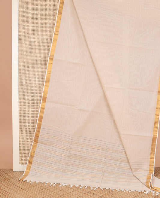 Cream plain jute cotton saree, zari border, and striped pallu