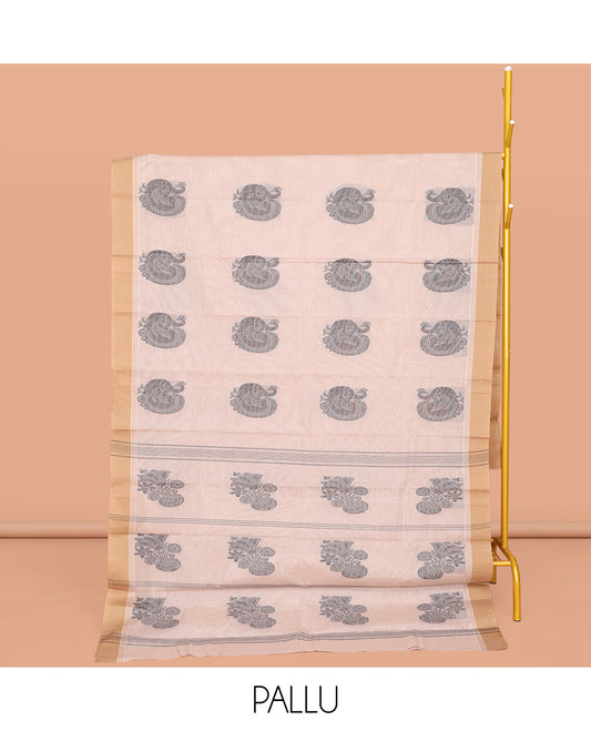 White Kanchi Cotton Saree, Prettified with Peacock Buttas All Over Its Body, Complemented by a Contrast Border, Pallu of Stripes and Buttas, and Paired with a Matching Blouse