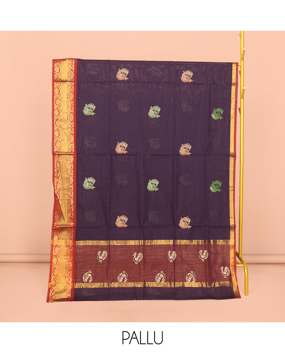 Blue Venkatagiri Cotton Saree, Styled with Peacock Buttas and Checks, a Contrast Traditional Zari Border, Pallu of Peacock Buttas and Stripes, and No Blouse