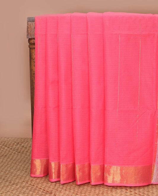 Pink vertical & horizontal striped jute cotton saree, golden zari border & striped pallu