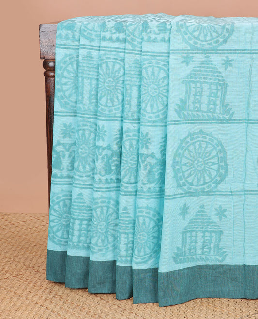 Cyan intricate design ikkat cotton saree with contrast border & floral design pallu
