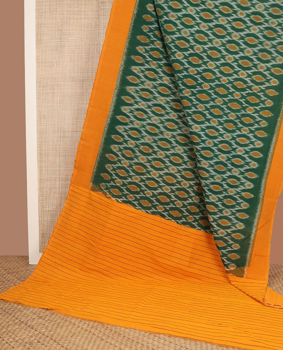 Green jaal design pochampally cotton saree, contrast border & pallu of stripes