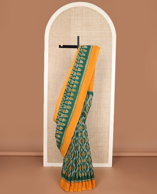 Green jaal design pochampally cotton saree, contrast border & pallu of stripes