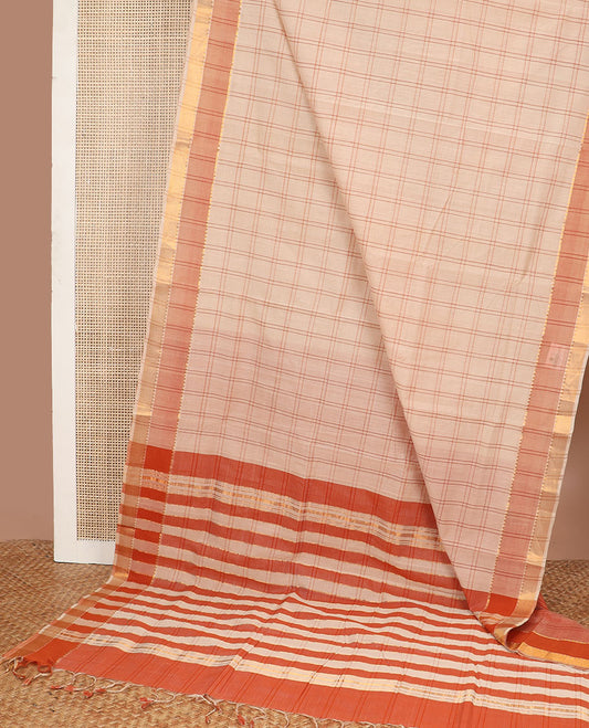 Cream checked venkatagiri cotton saree with contrast striped, temple border & checked pallu