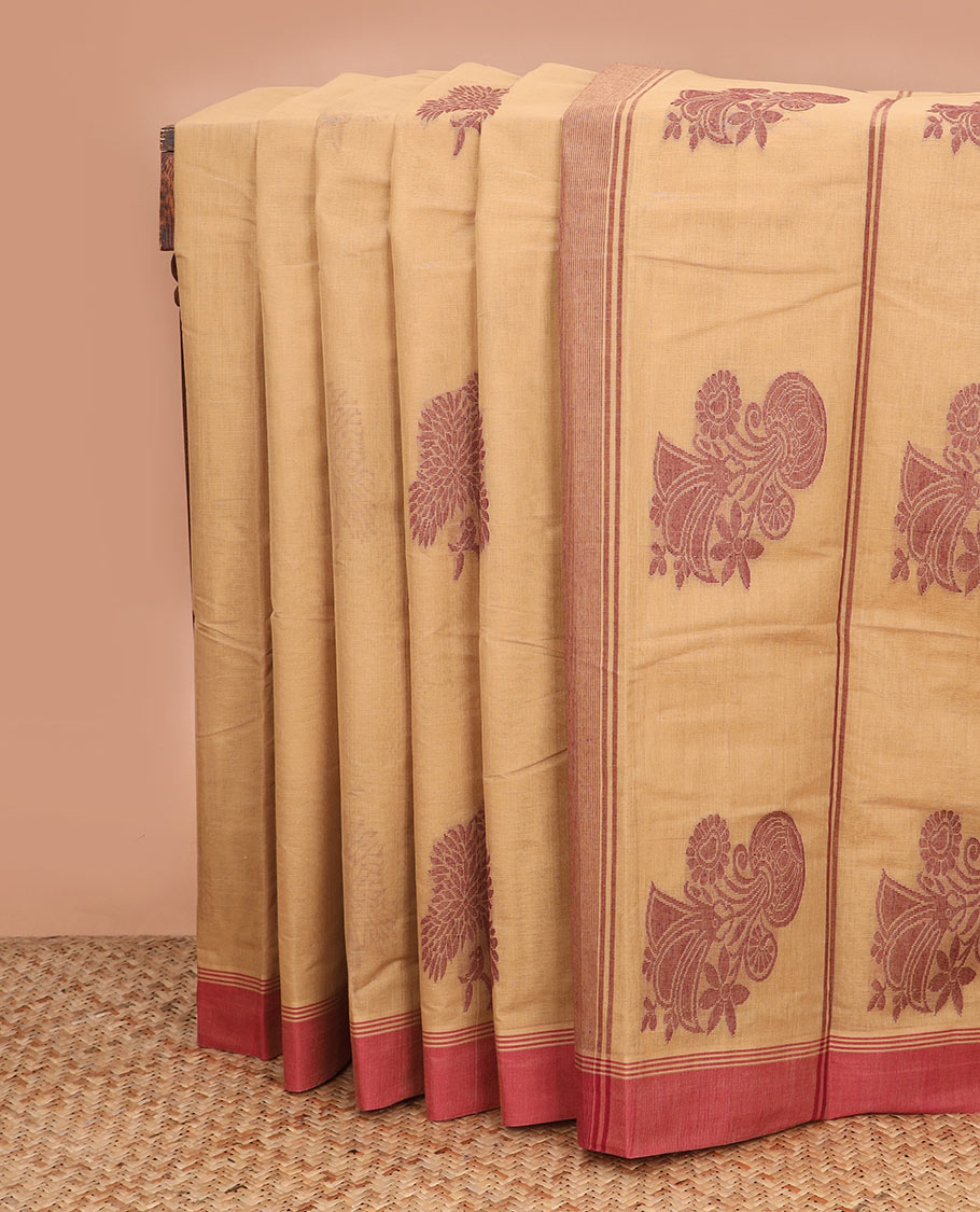 Sandal tree buttas kanchi cotton saree, contrast plain border, and floral potted pallu