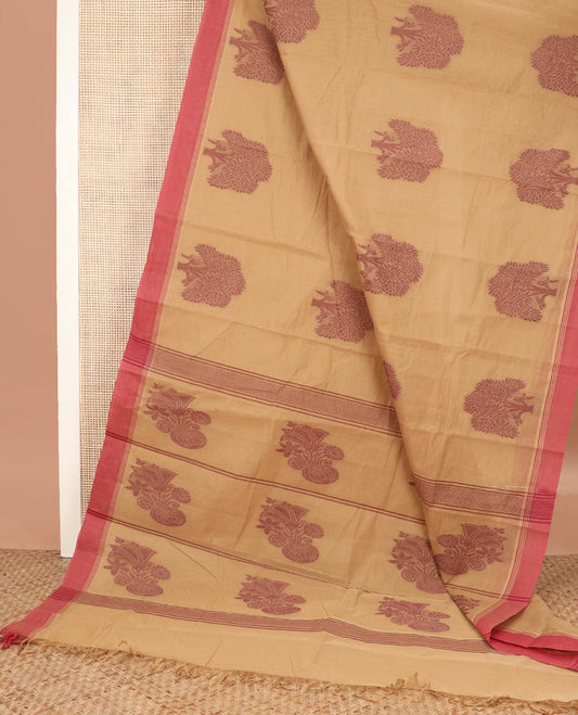 Sandal tree buttas kanchi cotton saree, contrast plain border, and floral potted pallu