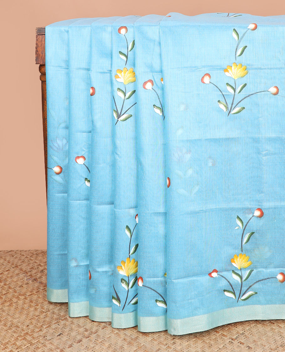 Blue hand-brush painting style floral motifs printed Chirala cotton saree, bavanji border, and hand-brush painting floral motifs printed pallu