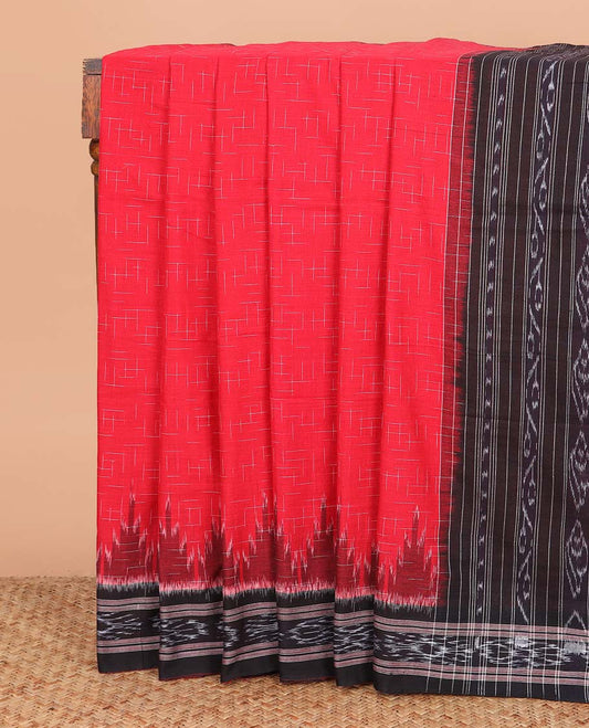 Red geometric maze style ikkat cotton saree, contrast black ikkat border, and pallu of ikkat weave