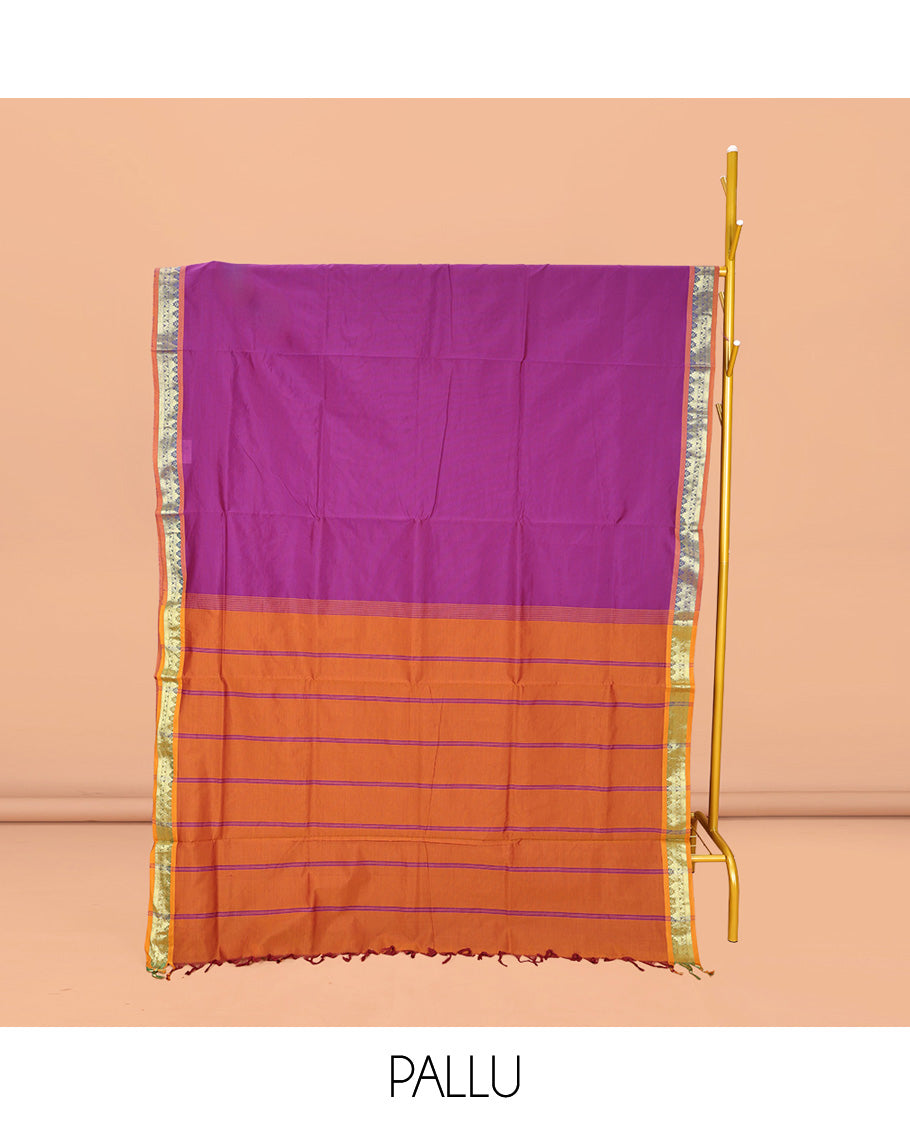 Purple Plain Poly Cotton Saree, Complemented by Contrast Traditional Zari Design Border, Contrast Pallu of Stripes, and Paired with a Contrast Blouse