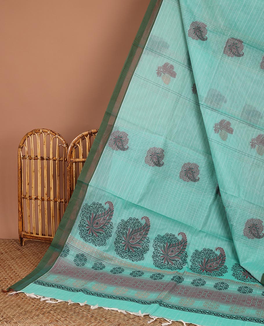 Peach-striped Coimbatore cotton saree with buttas, contrast plain border & paisley design pallu