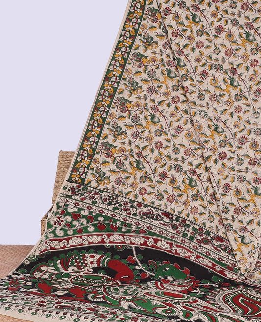 Cream floral design machine-printed kalamkari cotton saree with contrast floral design border & human inspried design pallu