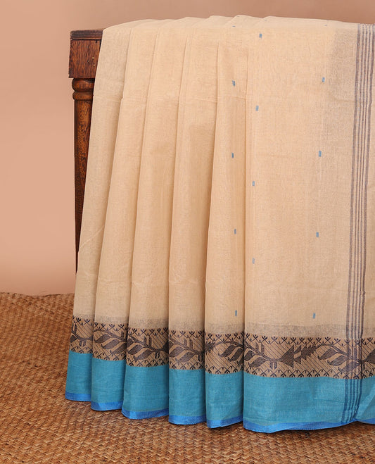 Sandal buttas Bengal cotton saree, contrast floral creeper border & pallu of stripes & buttas