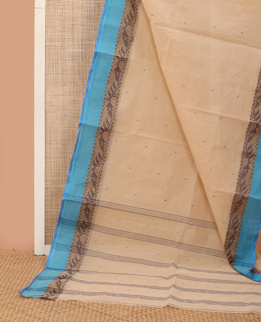 Sandal buttas Bengal cotton saree, contrast floral creeper border & pallu of stripes & buttas