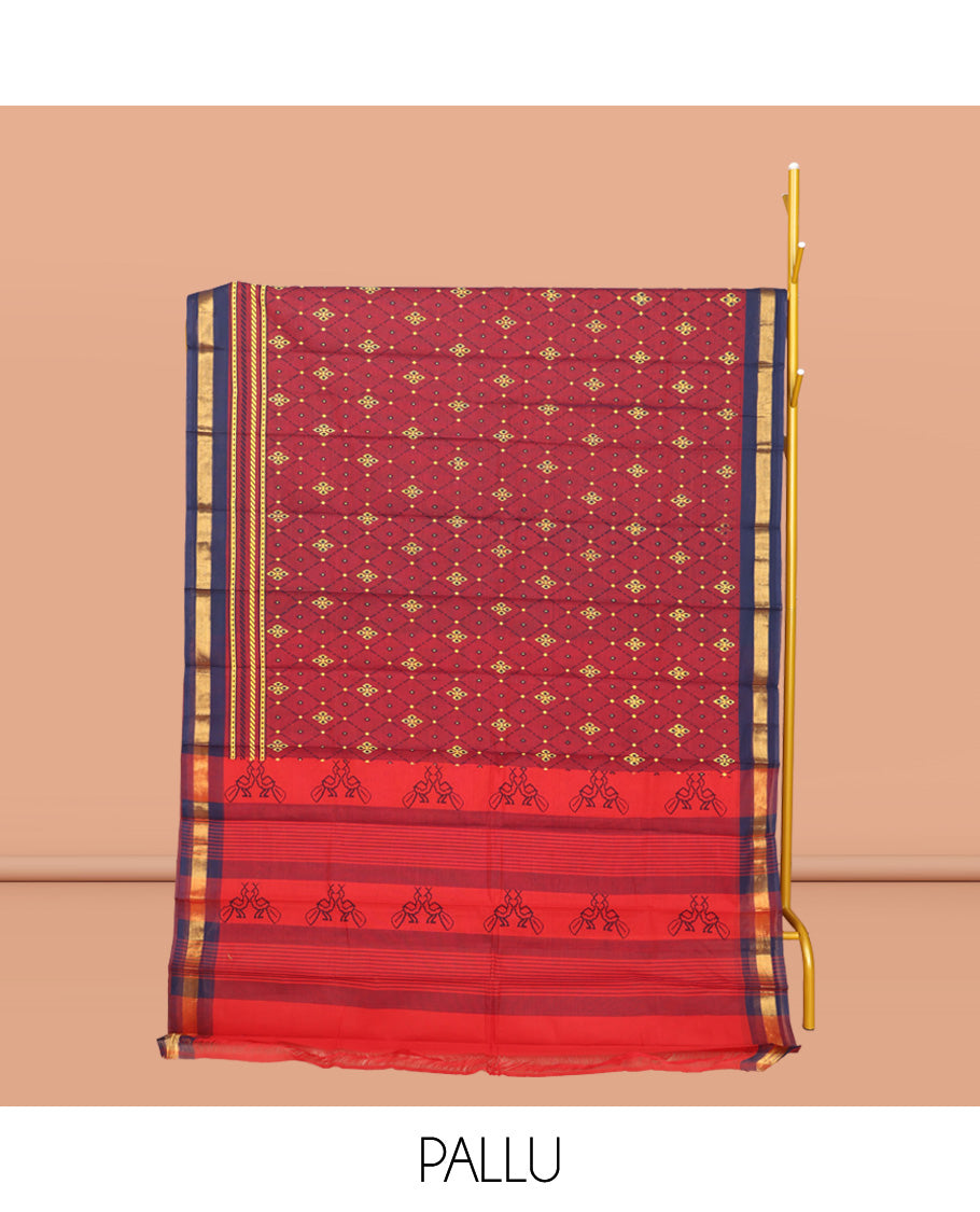 Red Chirala Cotton Saree, Accentuated with an Argyle Design, a Contrast Zari Border, Contrast Peacock Pallu, and a Contrast Blouse