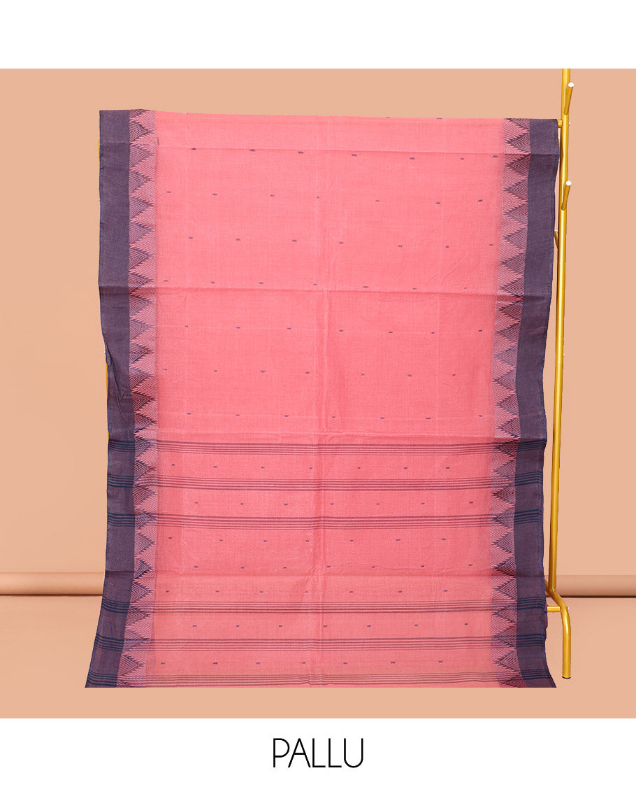 Pink Bengal Cotton Saree, Subtly Woven with Buttas, Contrast Temple Border, Pallu of Stripes, and Matching Blouse