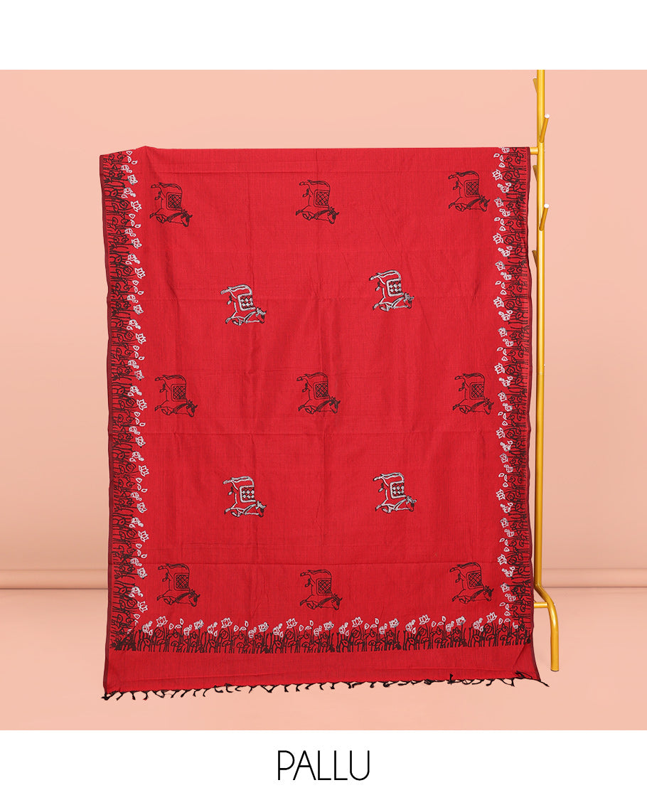 Red Poly Cotton Saree, Ornamented with Pichwai Cow and Floral Print, a Self-Pallu, and a Contrast Warli Print Blouse