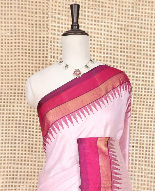 Baby Pink Plain Dupion Silk Saree, Complemented by a Contrast Temple Border, a Zari-Rich Pallu, and Paired with a Contrast Blouse