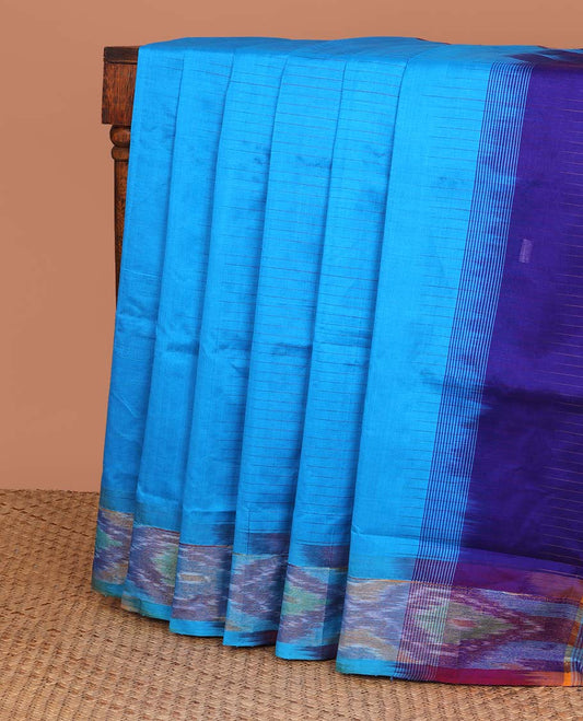 Blue micro-checked kuppadam cotton saree, ikkat border & pallu of stripes