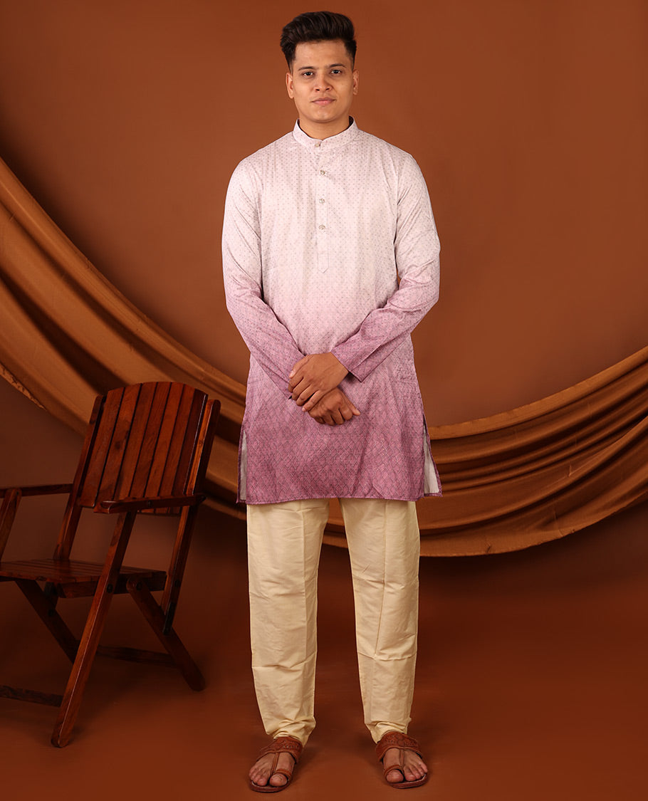 Off-White and Pink Ogee Patterned Ombre-Style Full-Sleeved Men's Kurta