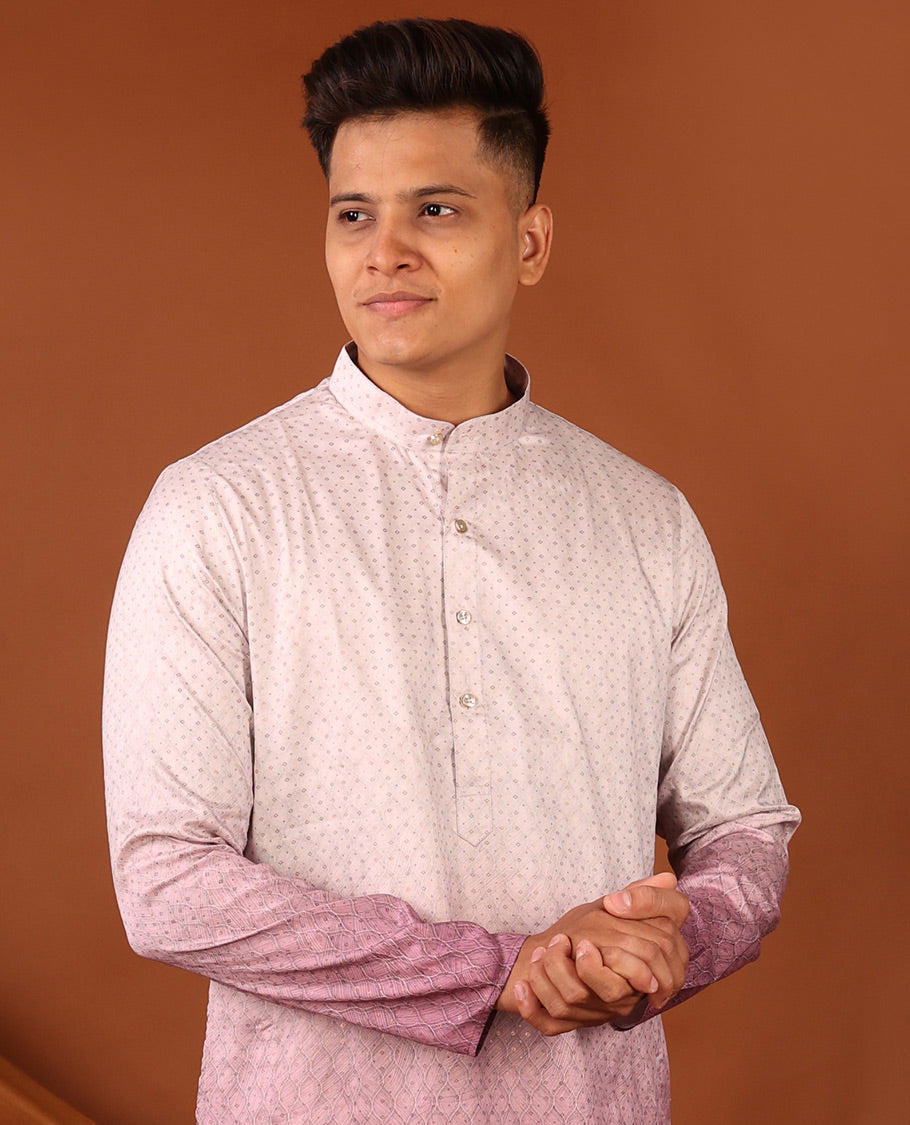 Off-White and Pink Ogee Patterned Ombre-Style Full-Sleeved Men's Kurta