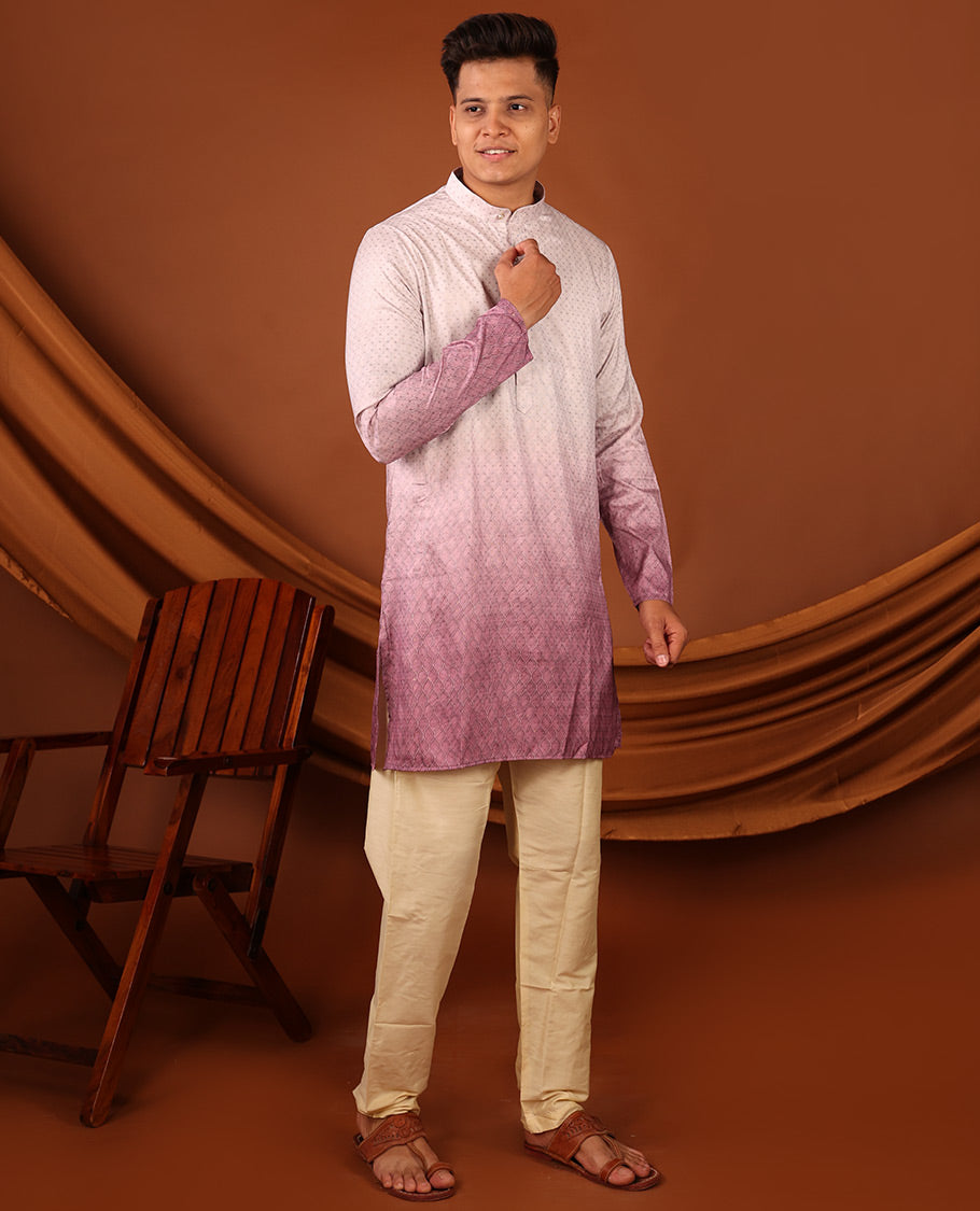 Off-White and Pink Ogee Patterned Ombre-Style Full-Sleeved Men's Kurta